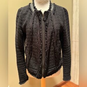 Rebecca Taylor Black Tweed Zip up Blazer with Leather Detail Sz 6